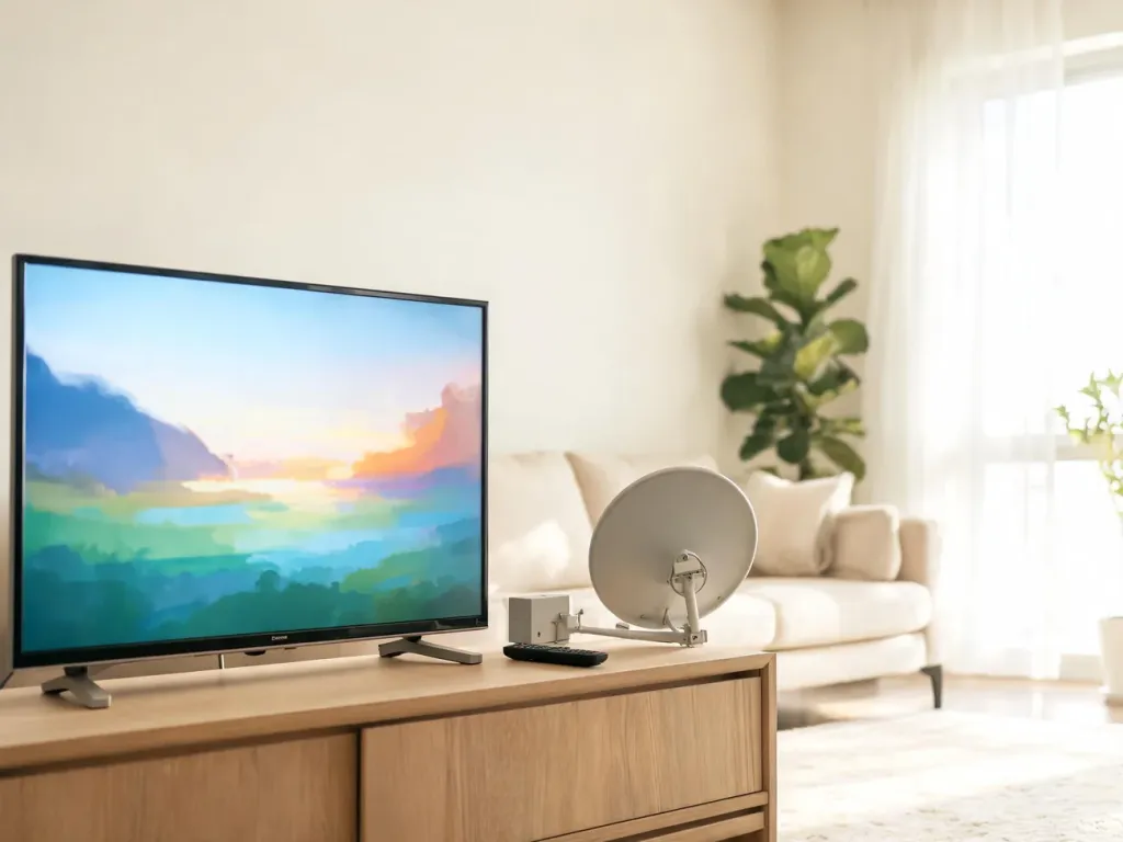 Nowoczesny telewizor w salonie z małą anteną satelitarną, ilustrujący domowe oglądanie telewizji satelitarnej