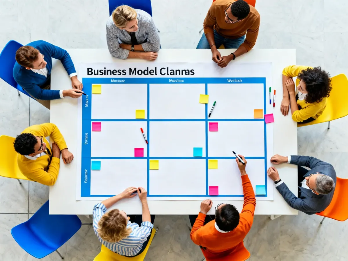 Zespół podczas pracy nad szablonem Business Model Canvas z kolorowymi karteczkami