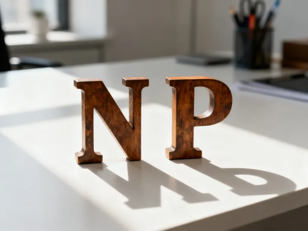 Drewniane litery „N” i „P” ustawione obok siebie na biurku, symbolizujące skrót NP w profesjonalnym otoczeniu.