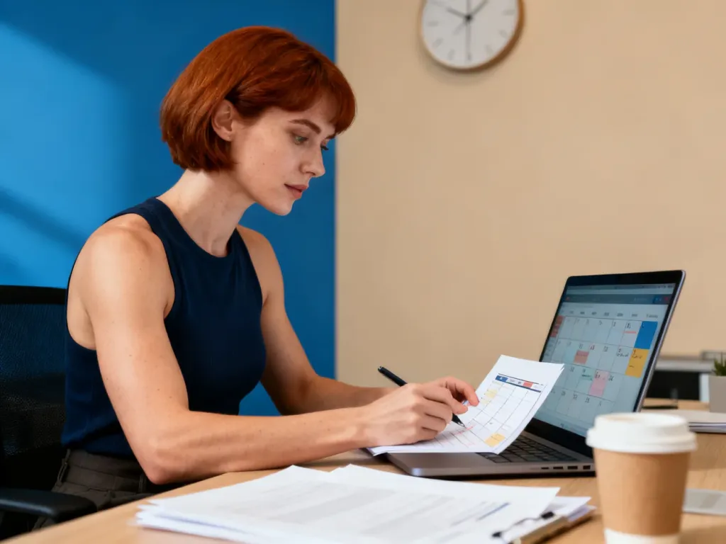 Kobieta pracująca przy laptopie w nowoczesnym biurze, planująca zadania przed końcem dnia pracy.