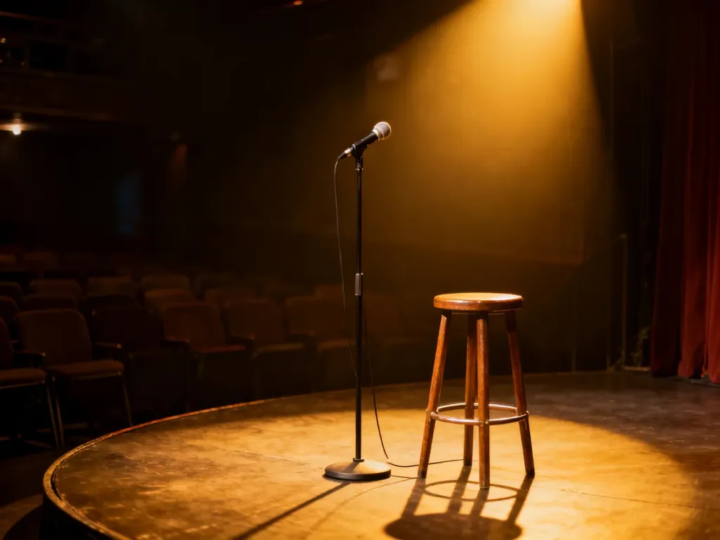 Pusta scena klubu komediowego z mikrofonem i stołkiem w świetle reflektora, przygotowana do występu typu stand-up.