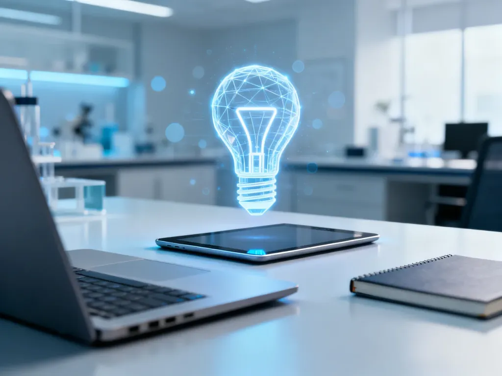Nowoczesny tablet z holograficzną ikoną żarówki na biurku, symbolizujący innowacyjny proces tworzenia koncepcji biznesowej.
