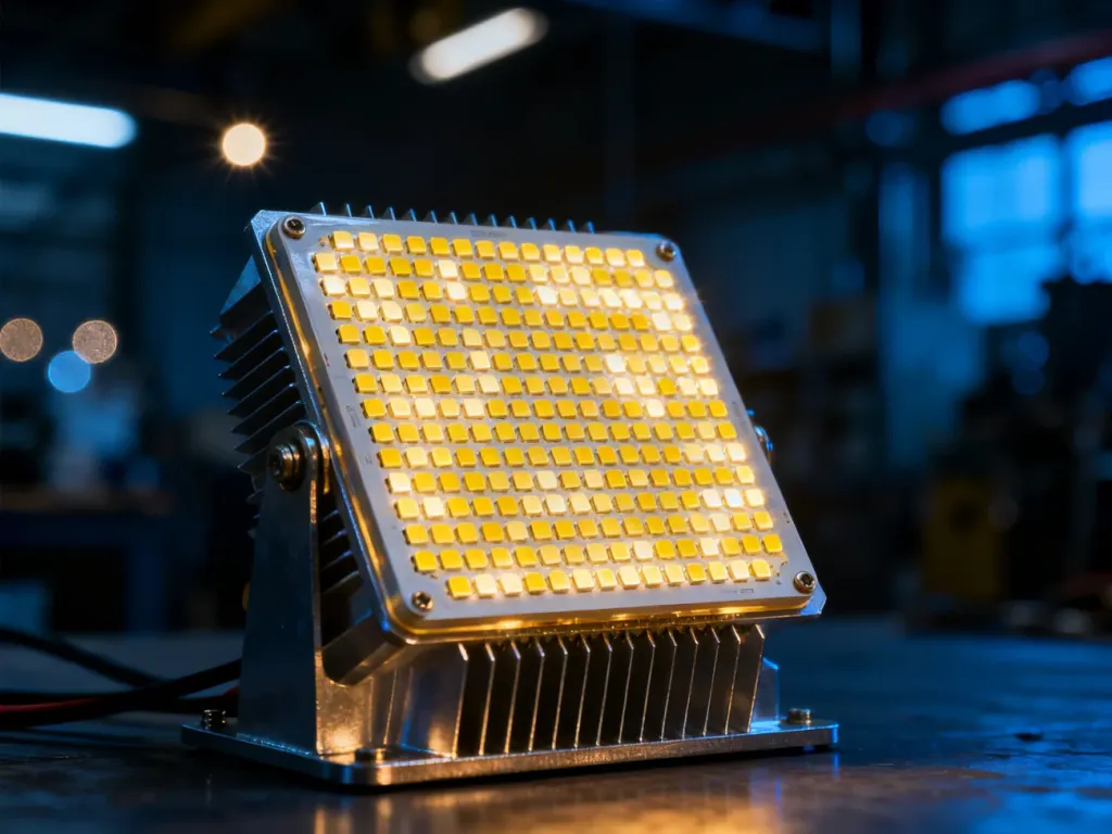 Moduł LED typu COB zamontowany na radiatorze, emitujący intensywne, neutralne światło o wysokiej precyzji wykonania.