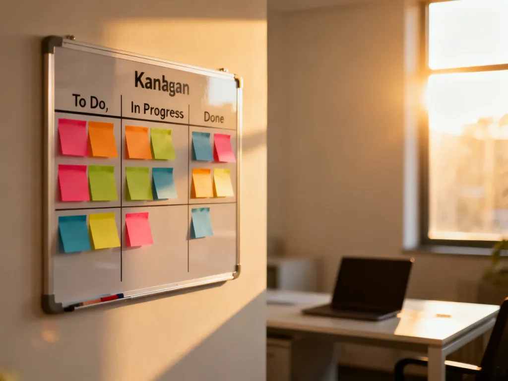 Profesjonalna tablica Kanban z kolorowymi karteczkami podzielona na kolumny „Do zrobienia”, „W trakcie” i „Gotowe”.