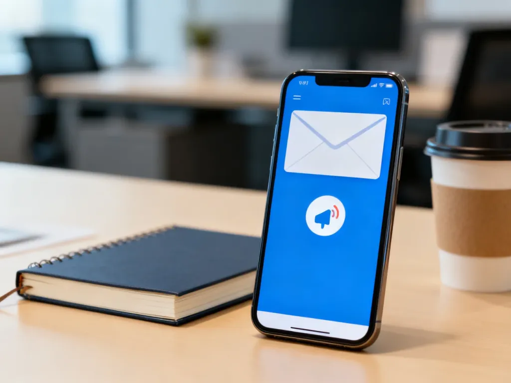Smartfon z powiadomieniem e-mail na biurku obok notatnika i kawy, ilustrujący profesjonalną komunikację w biurze.