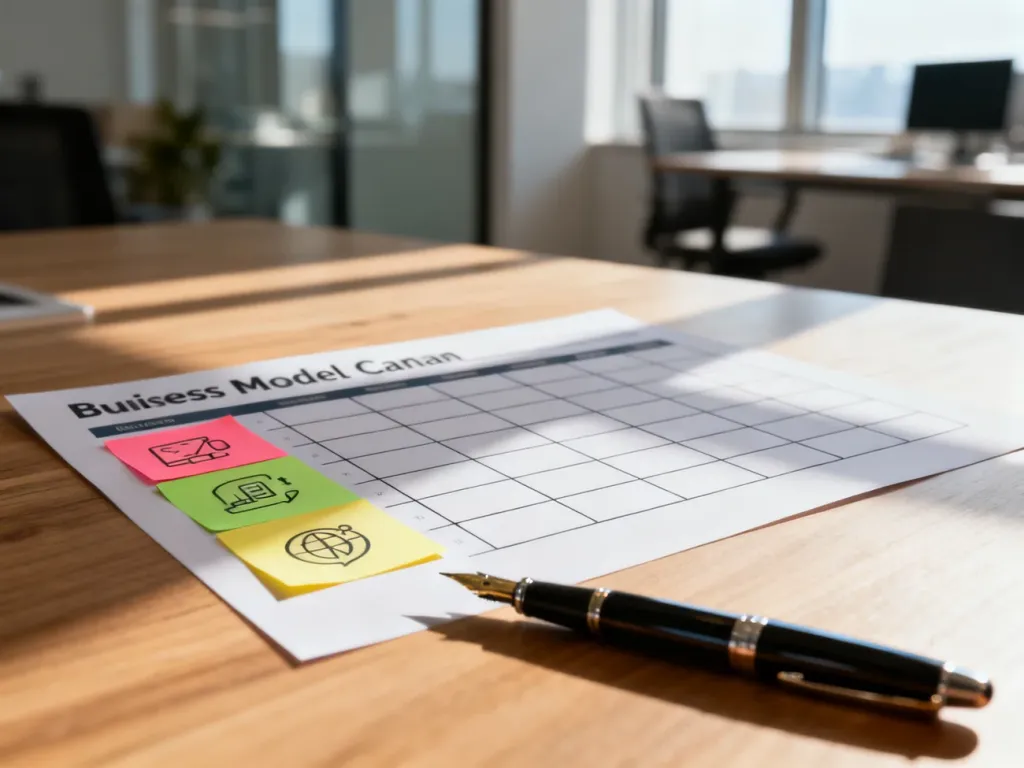 Szablon Business Model Canvas na drewnianym biurku z kolorowymi karteczkami, gotowy do planowania strategii biznesowej.