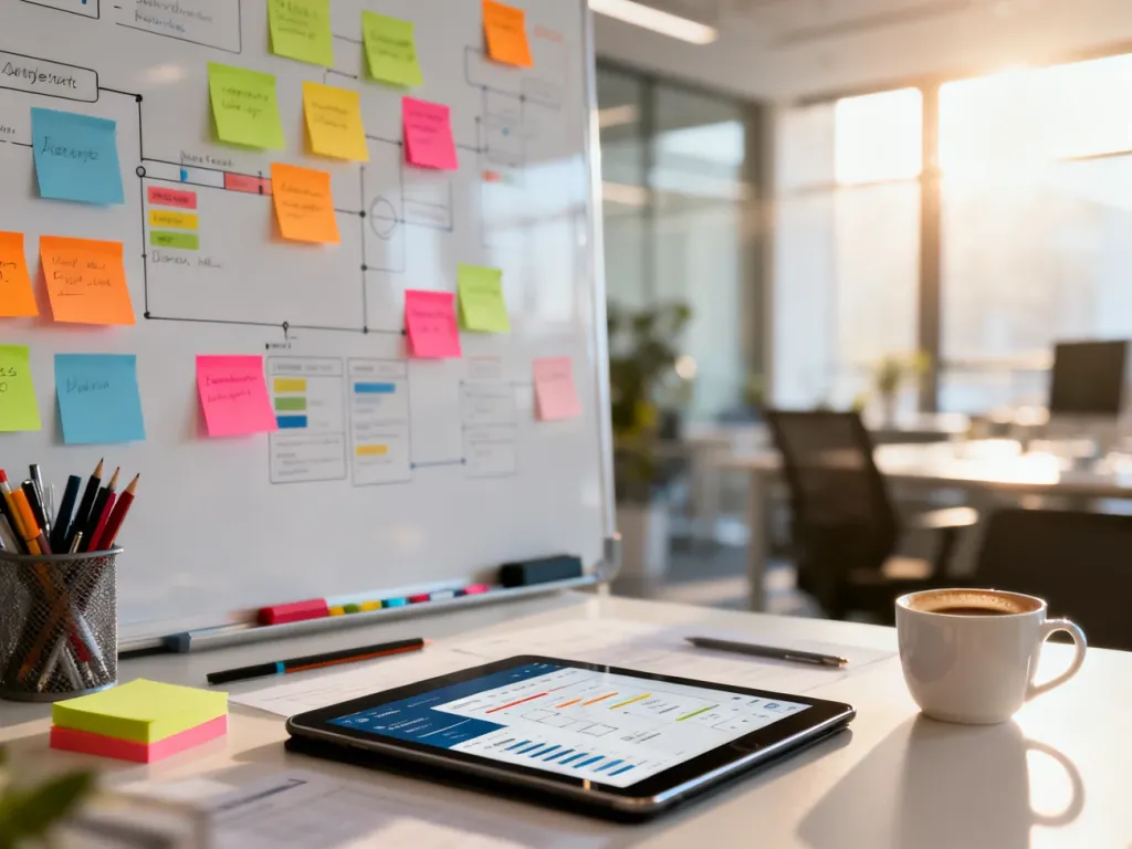 Nowoczesne biuro z tablicą pełną kolorowych karteczek i tabletem, ilustrujące proces zarządzania projektami w metodyce Agile.
