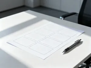 Profesjonalne stanowisko pracy przygotowane do assessment center z tabletem, notatnikiem i widokiem na słoneczne miasto.