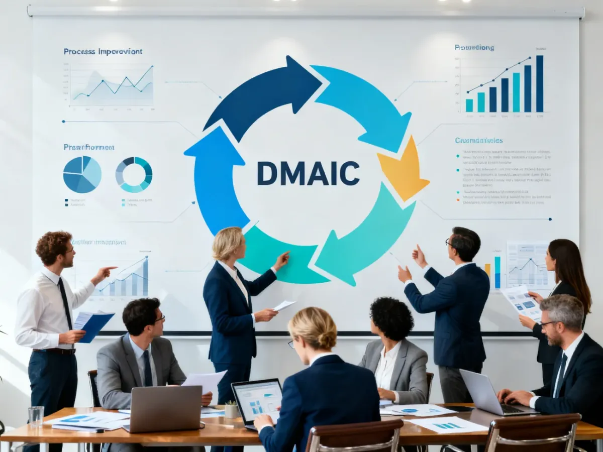 Zespół analizujący cykl DMAIC przedstawiony jako zamknięta pętla doskonalenia procesu