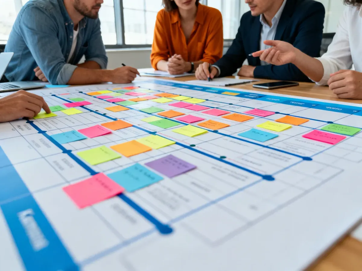 Zespół analizujący tablicę Kanban z widocznym wąskim gardłem w procesie