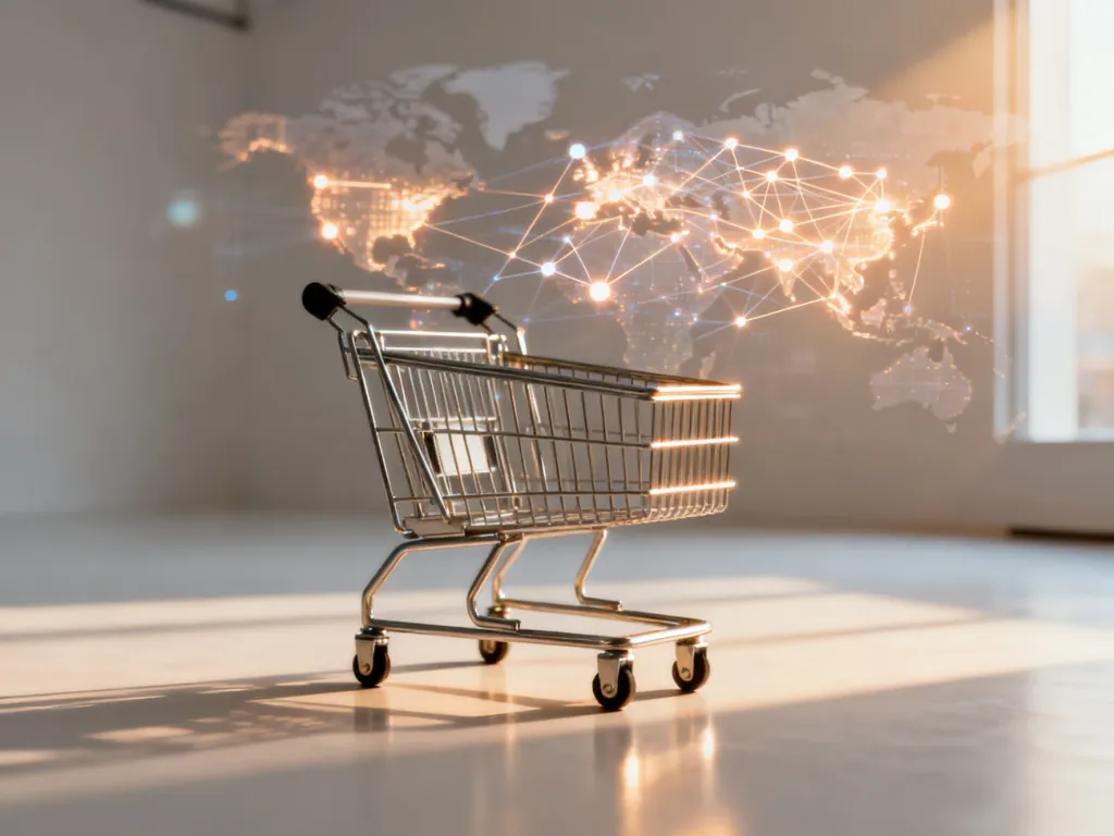 Nowoczesny wózek sklepowy na tle cyfrowej sieci, symbolizujący globalny handel w modelu B2C.