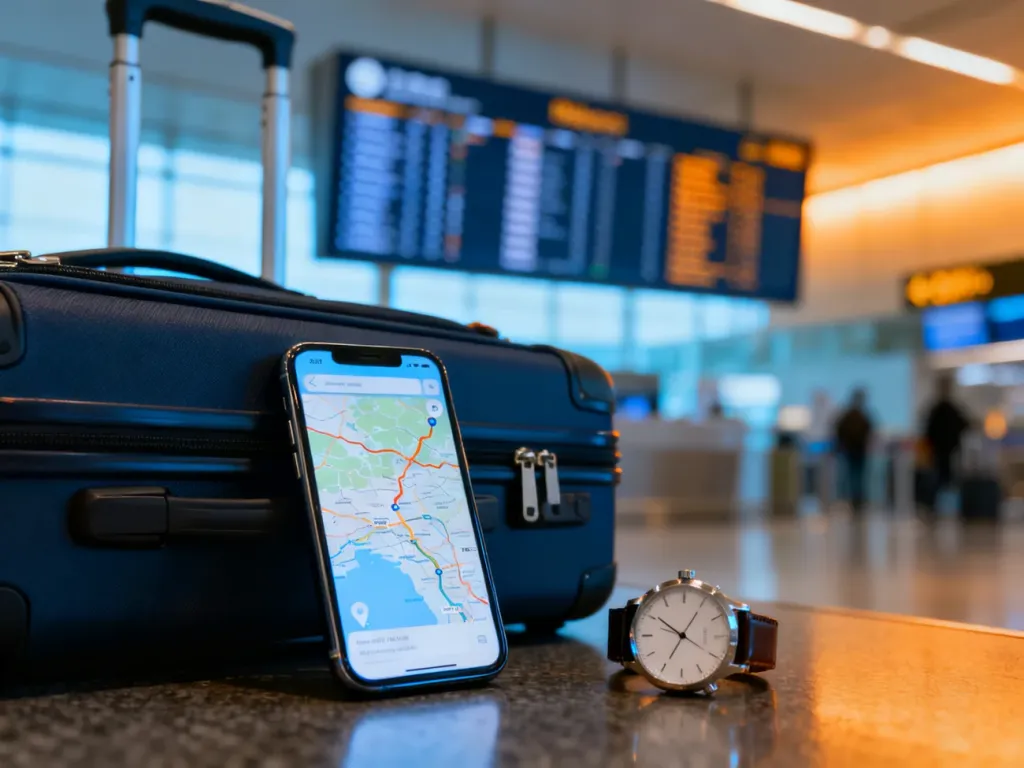 Smartfon z mapą trasy i zegarek na tle lotniska, symbolizujące planowanie podróży i szacowany czas przybycia.