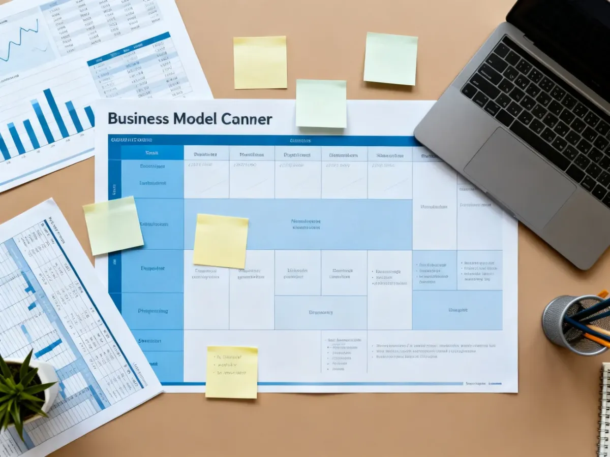 Szablon Business Model Canvas otoczony materiałami do planowania strategicznego