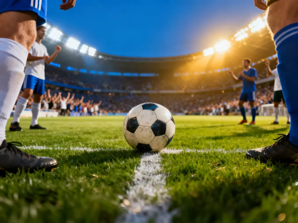 Piłka na środku boiska przed rozpoczęciem meczu piłkarskiego, z zawodnikami gotowymi do gry w świetle stadionowych reflektorów.
