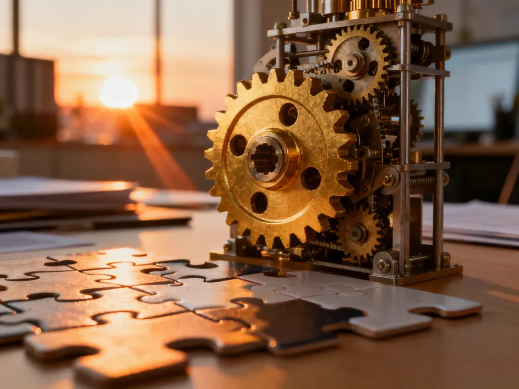 Złote koło zębate idealnie pasujące do mechanizmu, symbolizujące dopasowanie produktu do potrzeb rynku.