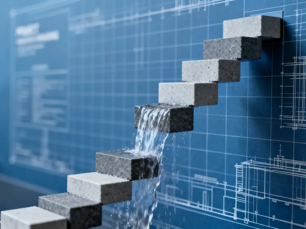 Wizualizacja metody Waterfall przedstawiająca sekwencyjne fazy projektu ułożone w formie kaskadowych bloków.