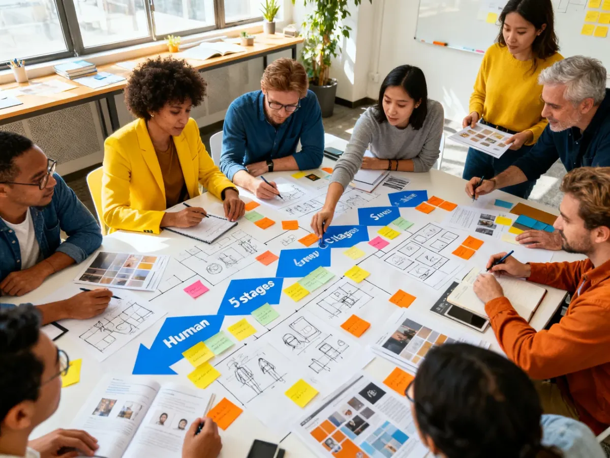 Zespół podczas warsztatu design thinking pracujący nad mapami i prototypami