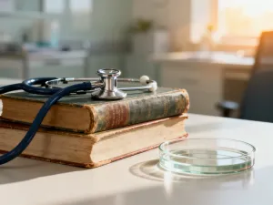 Zamknięty laptop i filiżanka kawy na biurku w promieniach zachodzącego słońca, symbolizujące koniec pracy i zachowanie równowagi.
