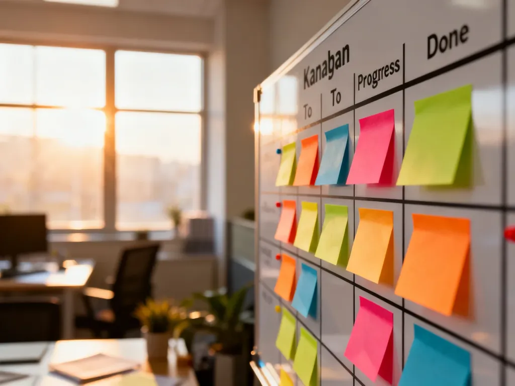 Tablica Kanban z kolorowymi karteczkami zadań, obrazująca organizację pracy i postępy w zarządzaniu projektem.