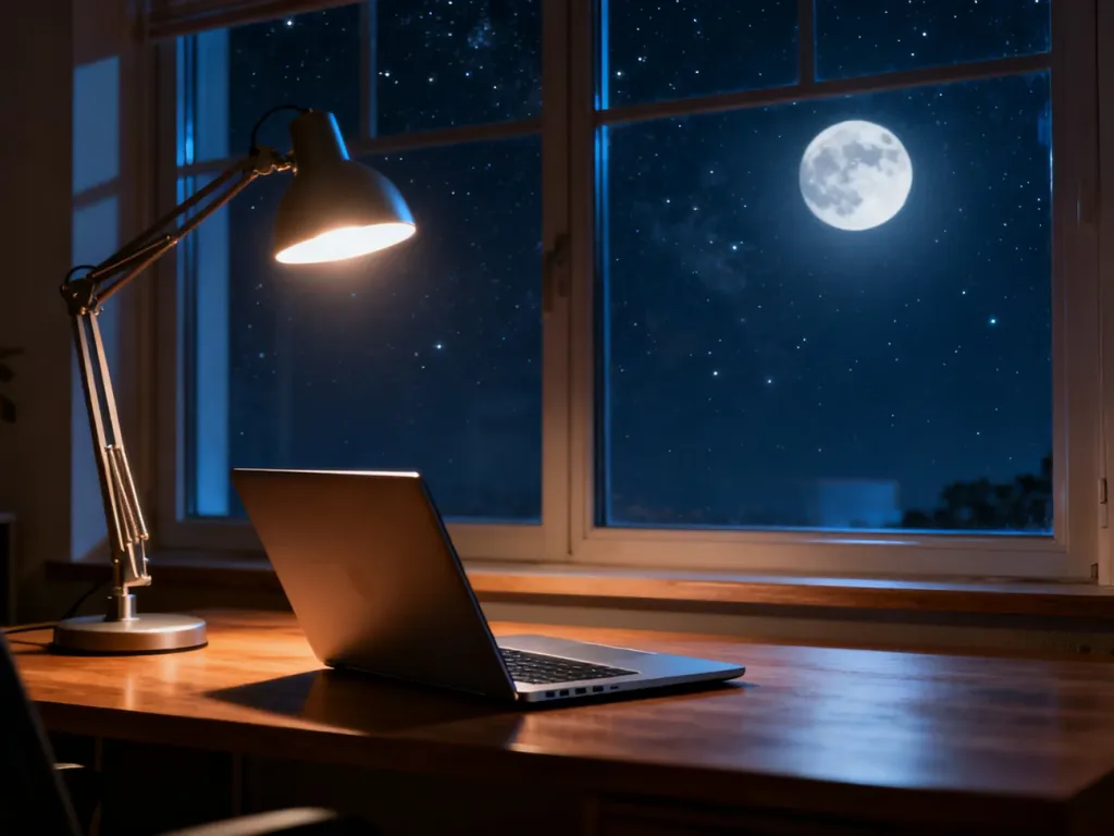 Nowoczesny laptop na biurku w nocy, symbolizujący pracę dodatkową przy świetle księżyca.