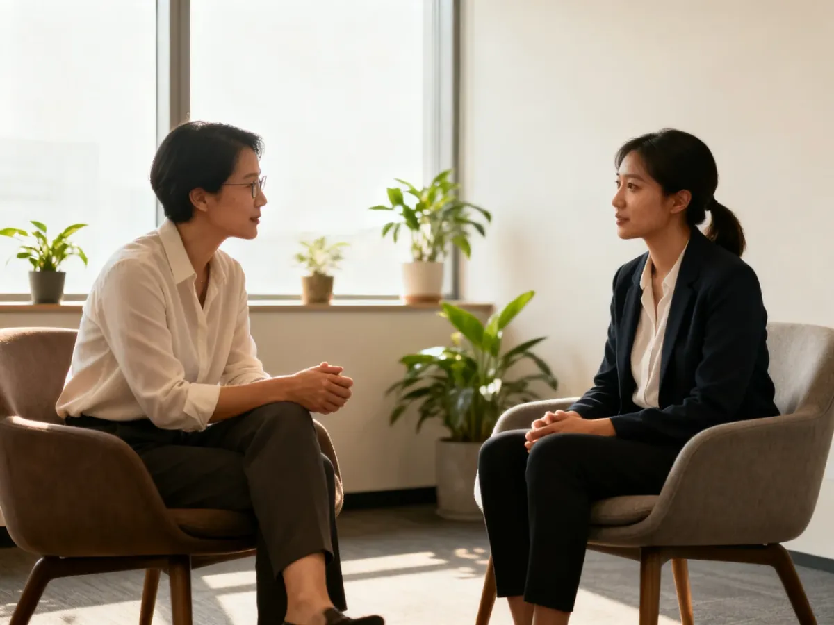A manager having a confidential conversation with an employee