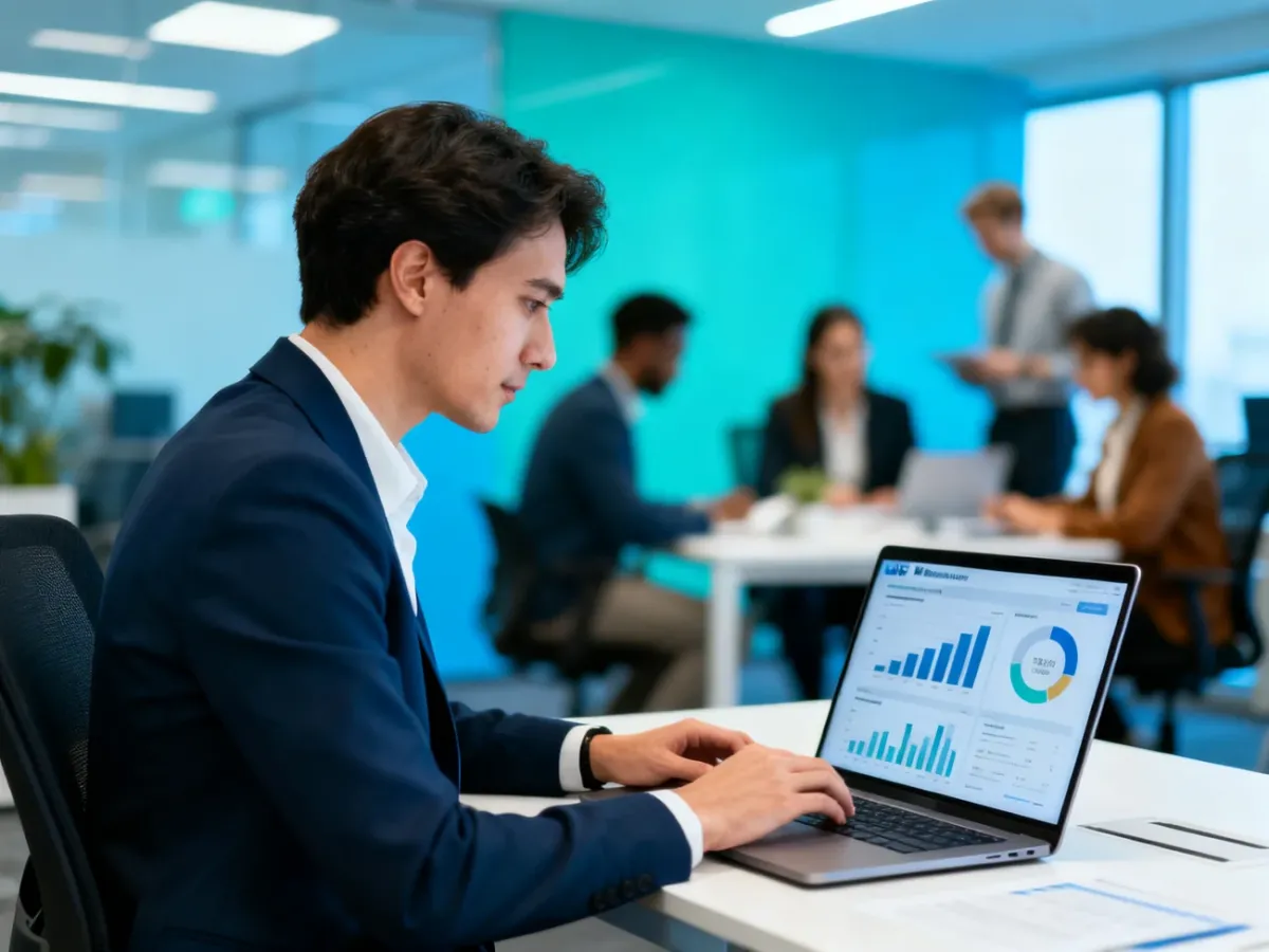 An HR analyst reviewing employee retention data in a modern office