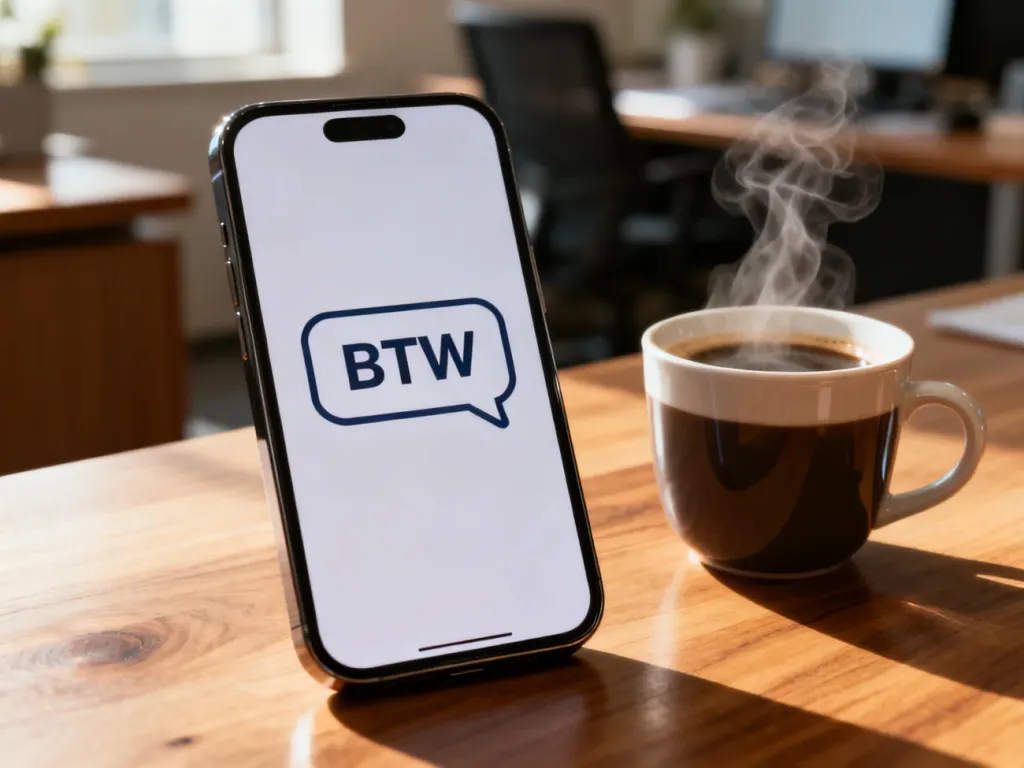 Smartfon z wyświetloną wiadomością „BTW” na ekranie, leżący na drewnianym biurku obok filiżanki kawy.