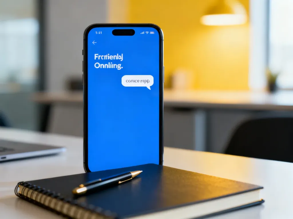 Smartfon z otwartym czatem i notatnik na biurku, symbolizujące szybką i profesjonalną komunikację online.