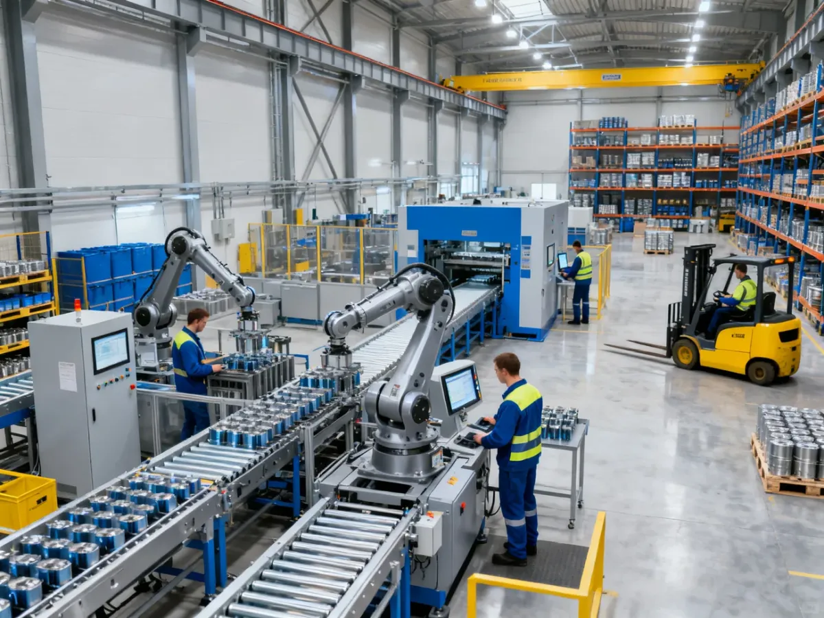 Pracownicy obsługujący nowoczesną zautomatyzowaną linię produkcyjną