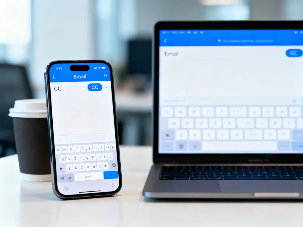 Smartfon i laptop z otwartym oknem tworzenia wiadomości e-mail, podkreślające pole CC w profesjonalnym biurowym otoczeniu.