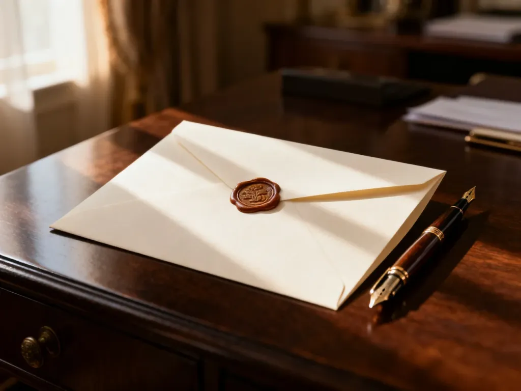 Eleganckie zaproszenie z pieczęcią lakową i piórem wiecznym na drewnianym stole, symbolizujące formalne RSVP.