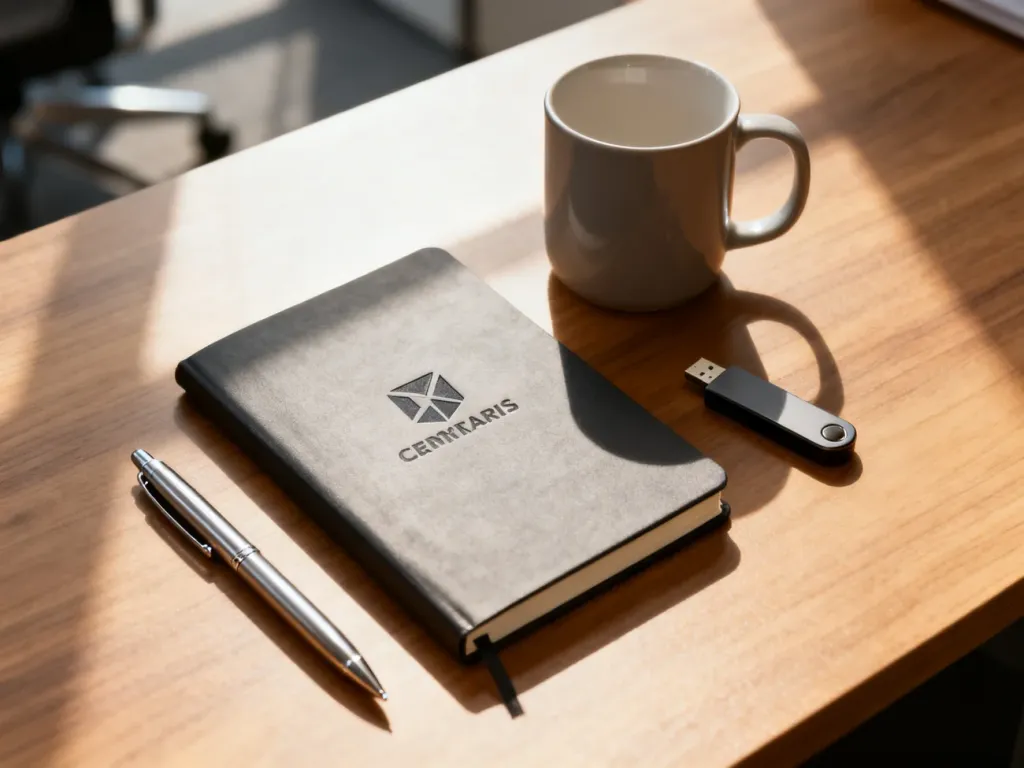 Elegancki zestaw gadżetów reklamowych, takich jak notatnik, długopis, kubek i pendrive, ułożonych na drewnianym biurku.
