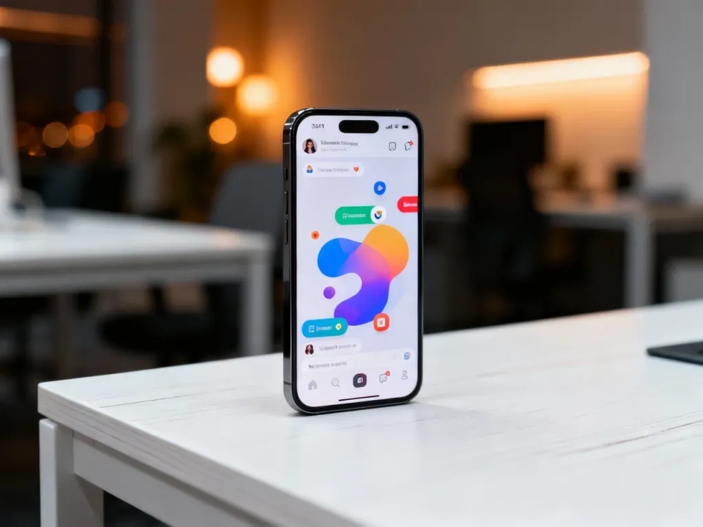 Nowoczesny smartfon z wyświetlonym interfejsem mediów społecznościowych na minimalistycznym biurku.