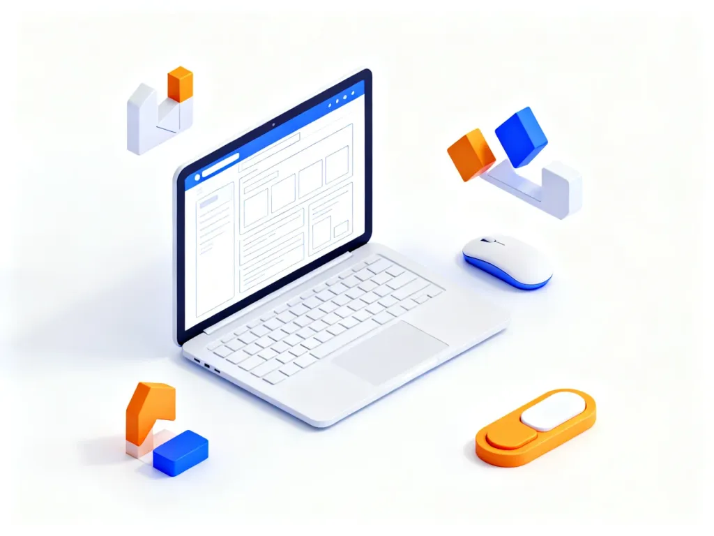 Minimalistyczna ilustracja 3D przedstawiająca projektowanie układu strony internetowej na laptopie.