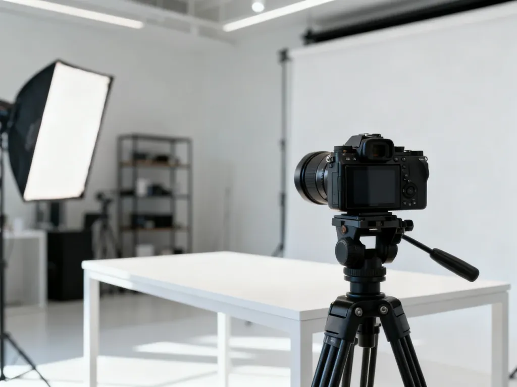 Profesjonalne stanowisko do fotografii produktowej z aparatem na statywie i oświetleniem typu softbox.