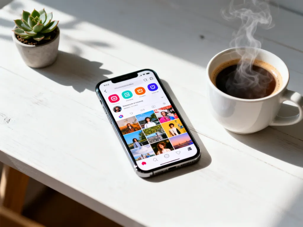 Nowoczesny smartfon z estetycznym profilem na Instagramie na minimalistycznym biurku przy kawie.