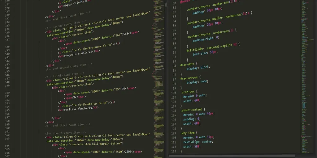 Nowoczesny projekt strony internetowej z widocznym kodem HTML i CSS oraz responsywnym układem na różnych urządzeniach.