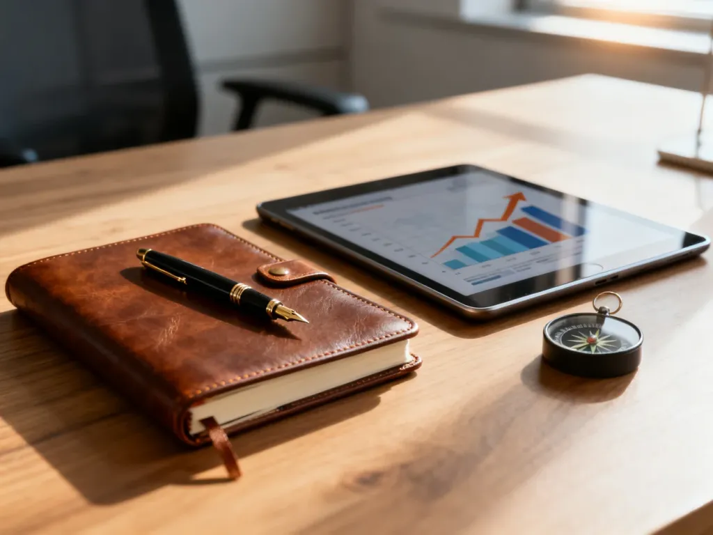 Notatnik, pióro i tablet z wykresem wzrostu na biurku, symbolizujące planowanie i rozwój strategii marketingowej.